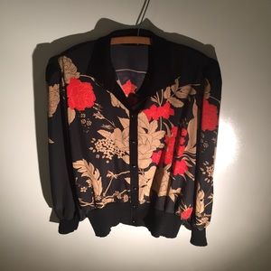 Vintage black red tan floral jacket dress flower cardigan Med